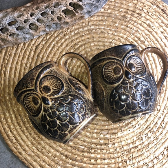 Set of 2 VINTAGE Owl ceramic/glass mugs brown and neutral colors retro style